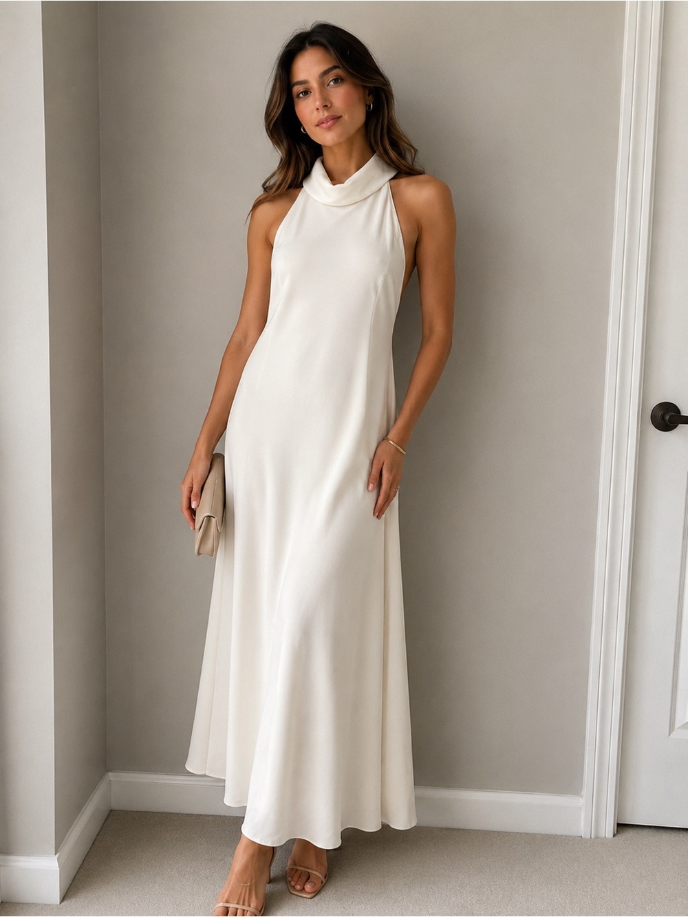 Worth Ivory Halter Cowl Neck Maxi Dress